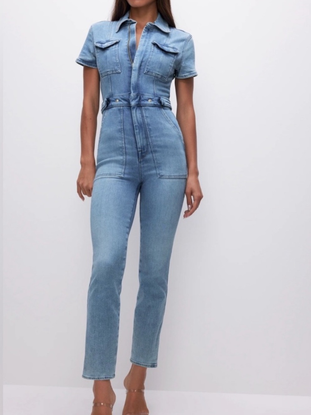 Good American Petite Fit for Success Jean Denim Fitted Jumpsuit $169 Size XL P